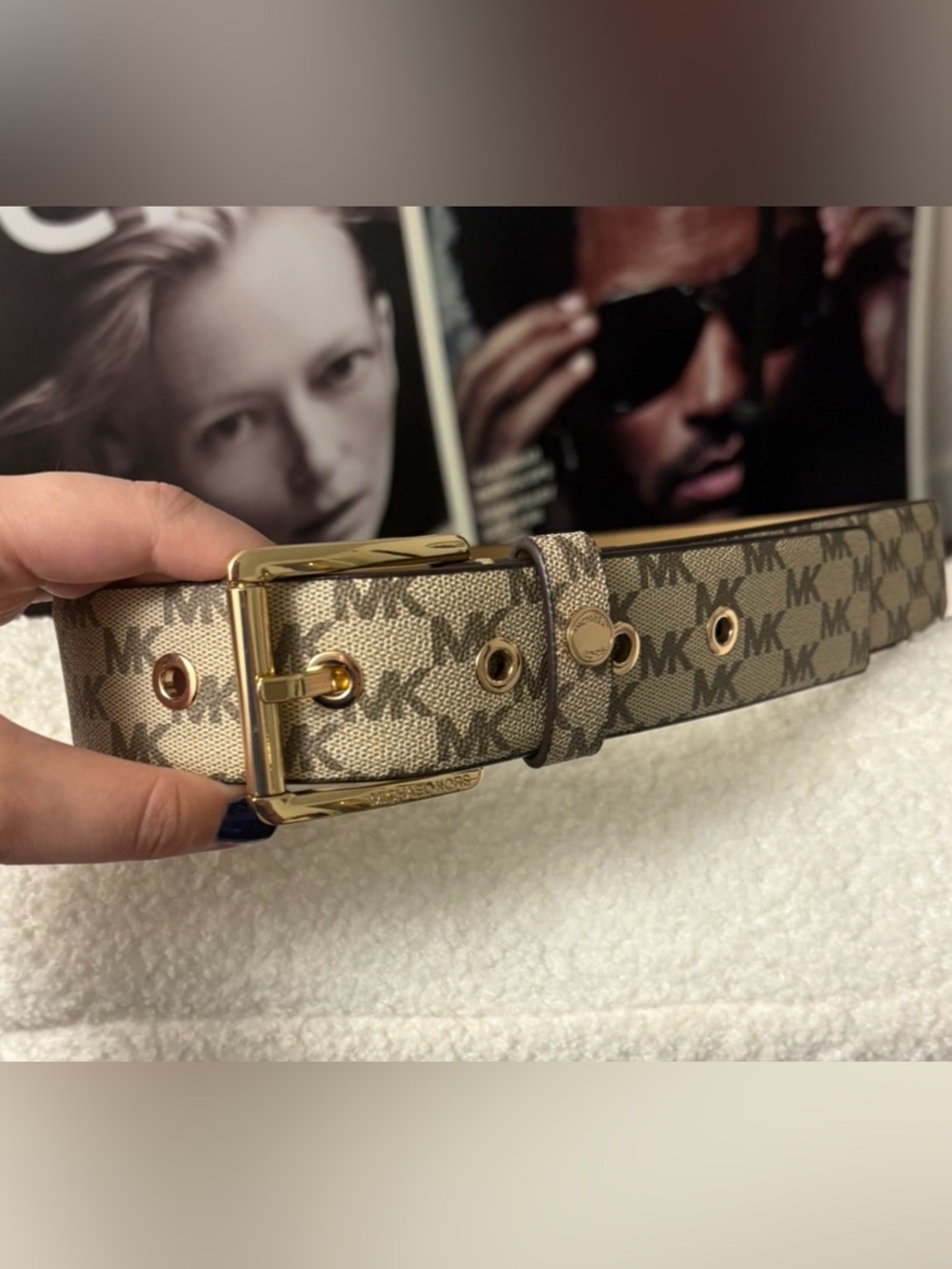 Michael Kors Beige MK Monogram Belt with Gold Hardware